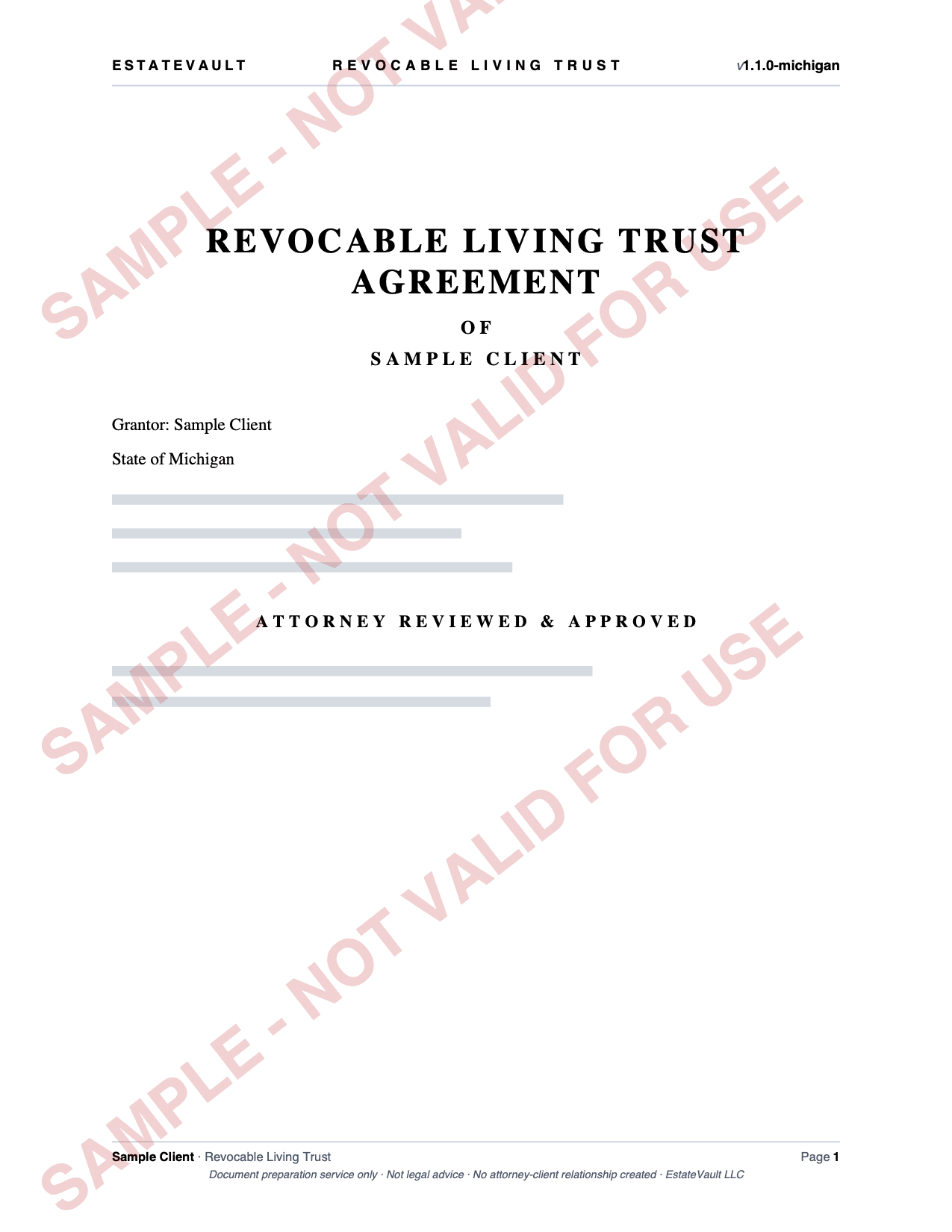 Revocable Living Trust sample, page 1 of 2. Watermarked: sample, not valid for use.